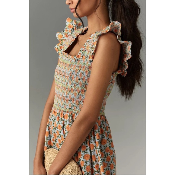 Anthropologie Floral Smocked Midi Dress Square Neck Cotton Large NWT - Picture 2 of 10